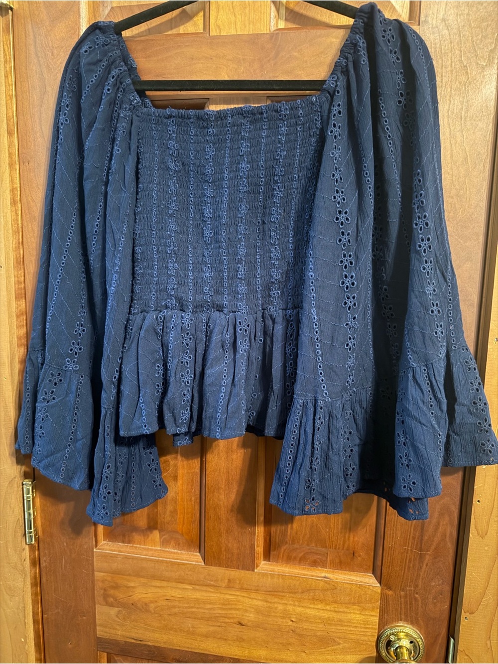 Angie’s Women’s Navy Eyelet Smocked Peasant Top - Picture 4 of 7